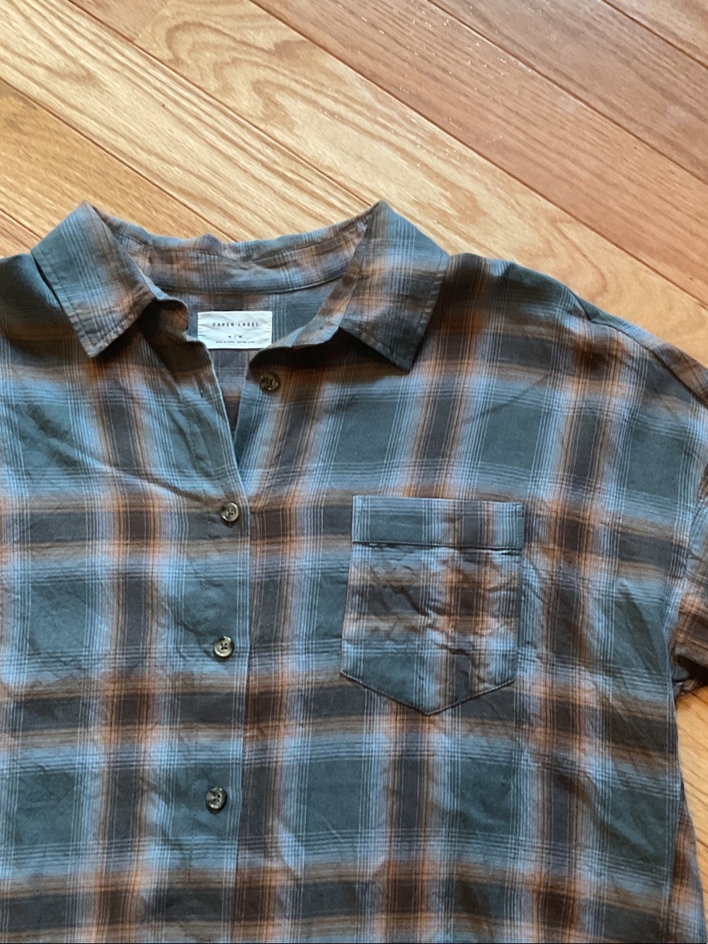Anthropologie Paper Label Plaid Button-Up Shirt Teal Brown NWOT medium hi Lo - Picture 4 of 14